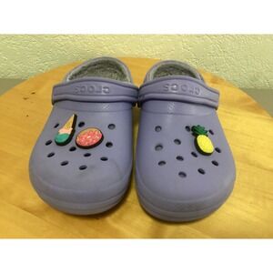 Crocs Classic Fuzz Lined Clog Kids J2 Purple Lavender Furry Charms Jibbitz Shoes